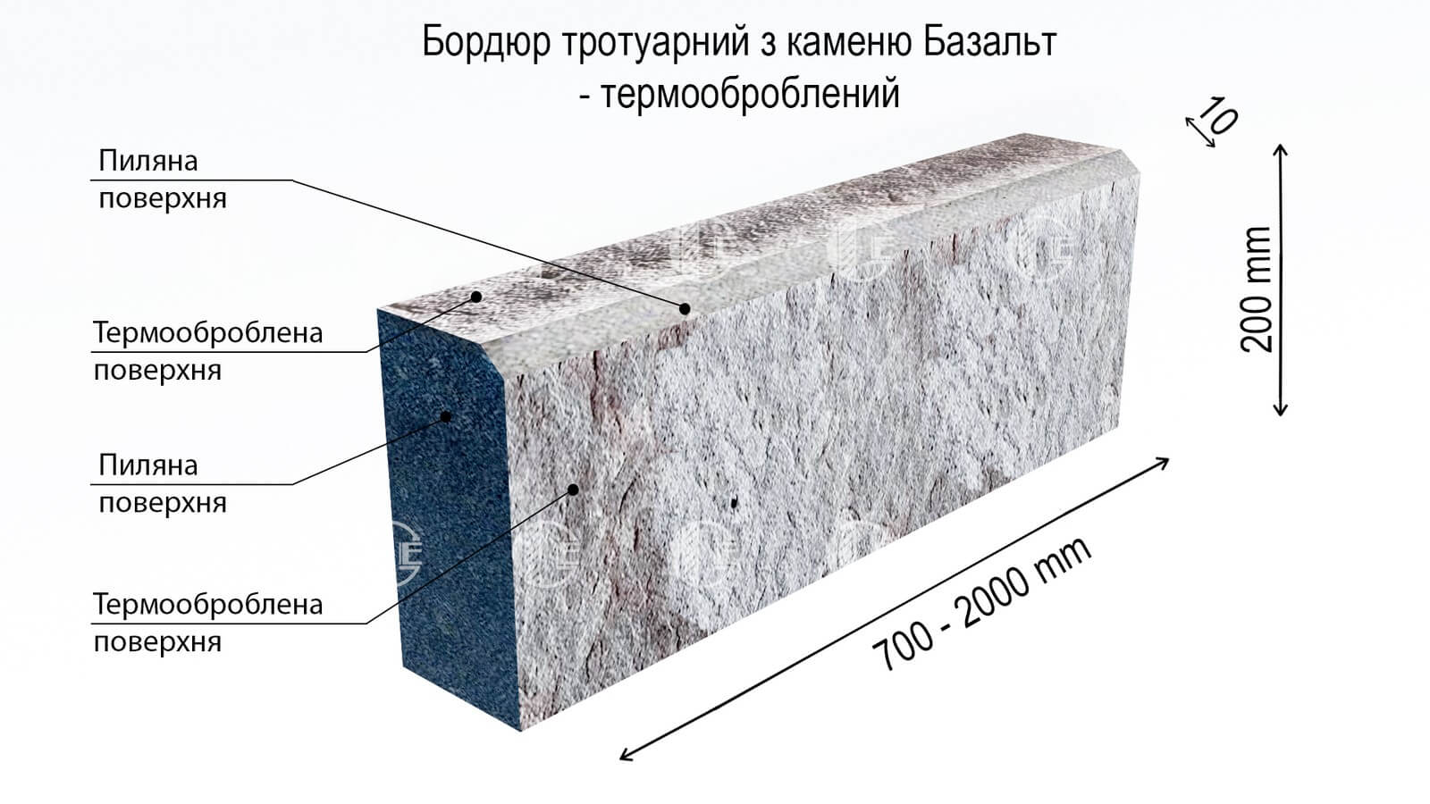 Бордюр ГП-5 термооброблений із каменю базальт, верхня грань (специфікація)