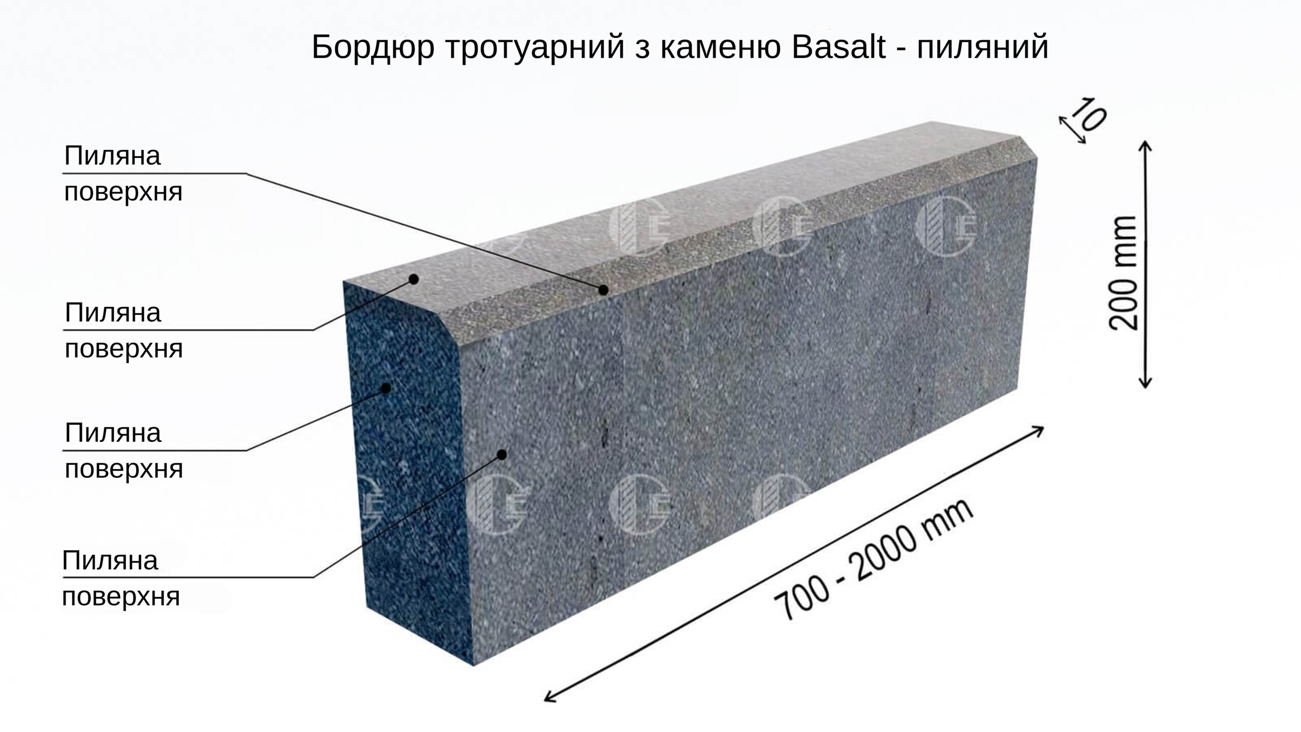 Бордюр ГП-5 пиляний з каменю базальт, верхня грань (спеціфікація)